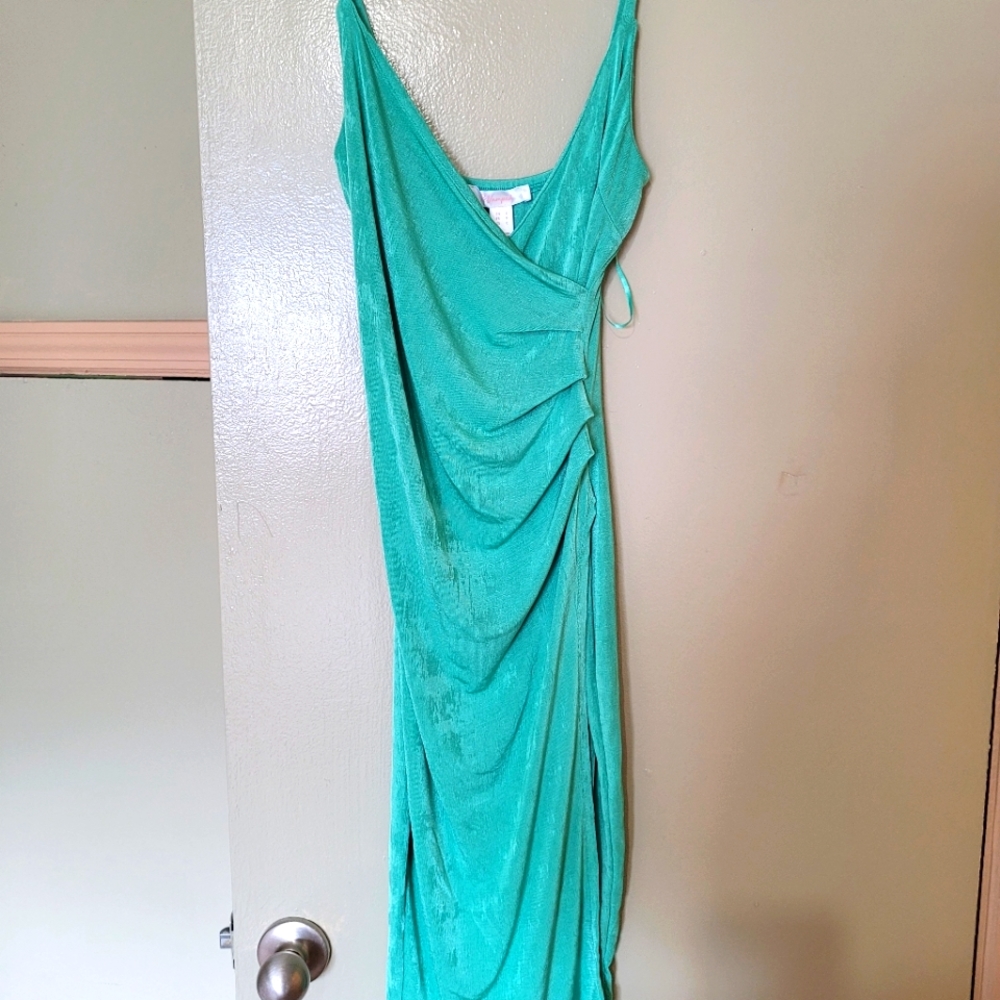 Adjustable Spaghetti strap dress with ruching and side slit